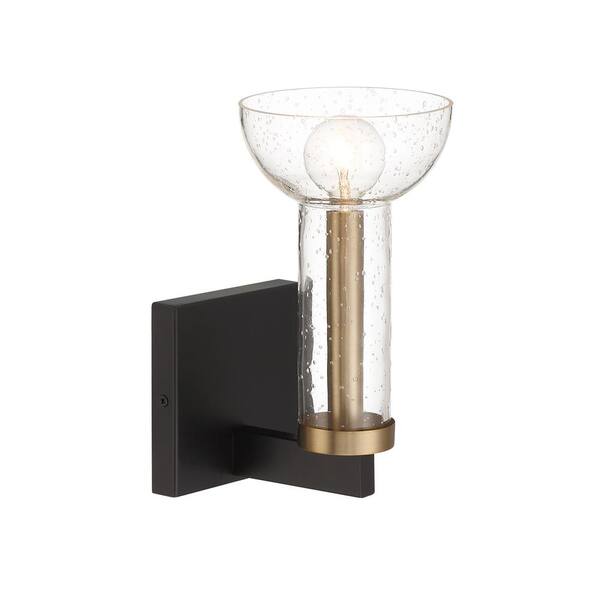 Designers Fountain - Nova 5 in. 1-Light Matte Black Modern Wall Sconce with Clear Seedy Glass Shade and Brushed Gold Accent