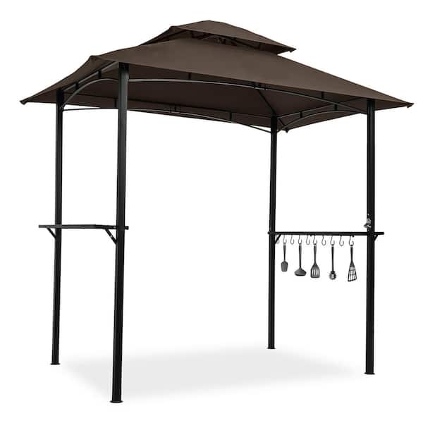 Unbranded Brown 8 ft. x 5 ft. Outdoor Barbecue Pavilion with Double Soft Roof Canopy And Steel Frame