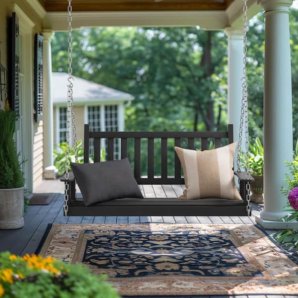 VEIKOUS 4 ft. Wood Patio Porch Swing Outdoor With Chains and Curved Bench, Black