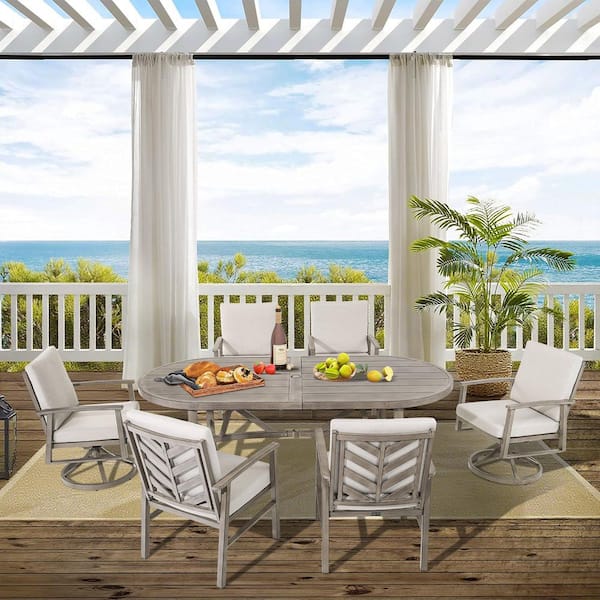 Amario 7-Piece Aluminum Outdoor Dining Set with Cast Silver Cushion, 6 Dining Chairs and Oval Dining Table
