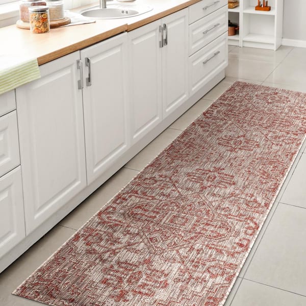Estrella Bohemian Medallion Textured Weave Red/Taupe 2 ft. x 10 ft. Indoor/Outdoor Runner Rug