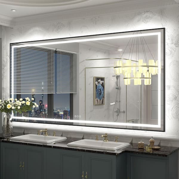 Apmir 72 in. W x 36 in. H Rectangular Framed Front and Back LED Lighted Anti-Fog Wall Bathroom Vanity Mirror in Tempered Glass