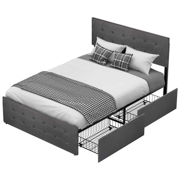 Idealhouse Queen Gray Platform, Queen Size Platform Bed Frame With Headboard And 4 Storage Drawers