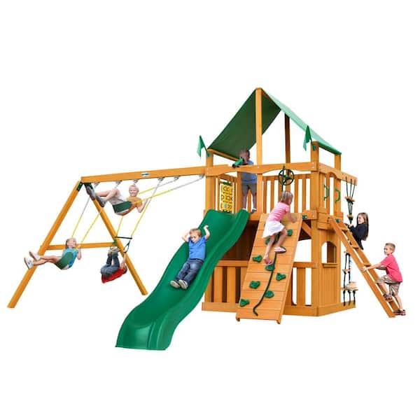 Gorilla Playsets Chateau Clubhouse Wooden Outdoor Playset with Green Vinyl Canopy, Rock Wall, Wave Slide, and Swing Set Accessories
