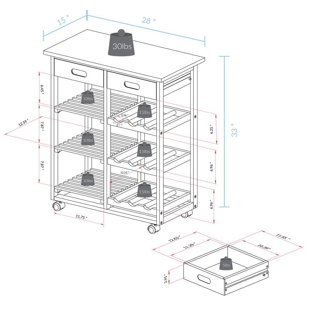 19 in.W Two Tone Solid Wood Kitchen Cart with Wine Rack and Drawer - thumbnail 3