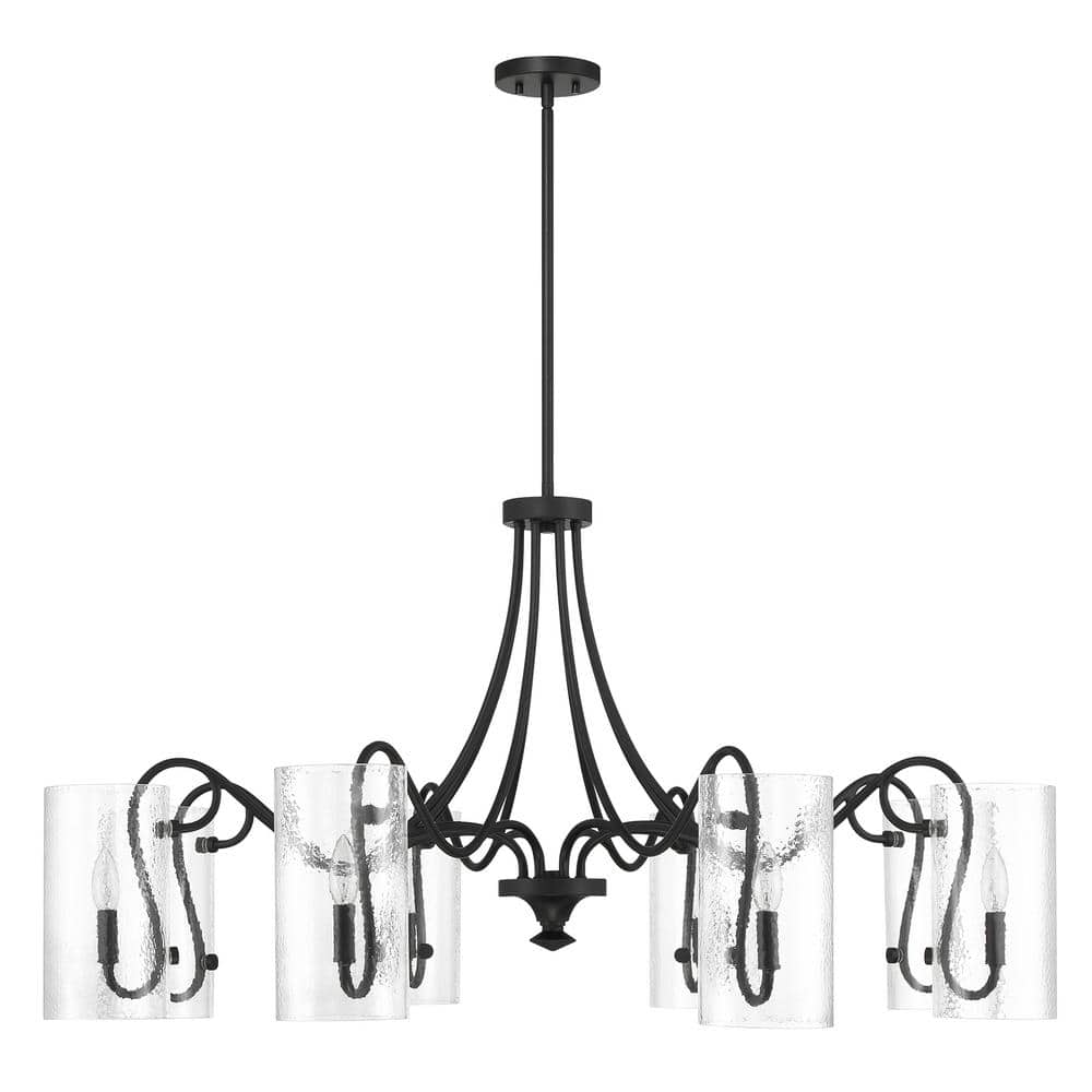 Matte Black 8-Light Chandelier with Clear Hammered Glass Shades