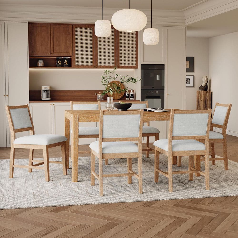 Prylor Modern 7-Piece Natural Finish Solid Wood Rectangle Dining Table Set with Beige Fabric Upholstered Chairs