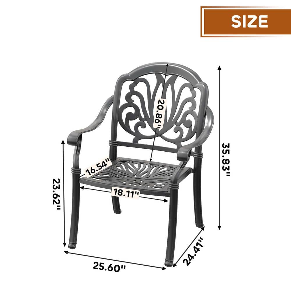Matte Black Cast Aluminum Dining Chairs with Cushions, Set of 6