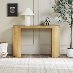 Maya 48 in. White Oak Modern Oval Solid Oak Wood Veneer & MDF Console Table with Column Legs and Storage