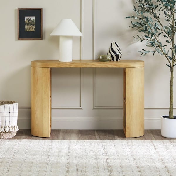 Maya 48 in. White Oak Modern Oval Solid Oak Wood Veneer & MDF Console Table with Column Legs and Storage