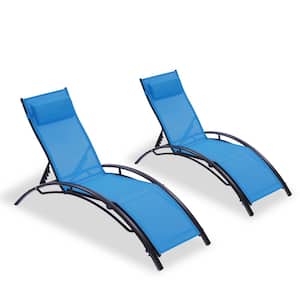 2-Pieces Metal Outdoor Set Chaise Lounge Chairs, 5-Position Adjustable Aluminum Recliner, Black Frame, Blue Fabric