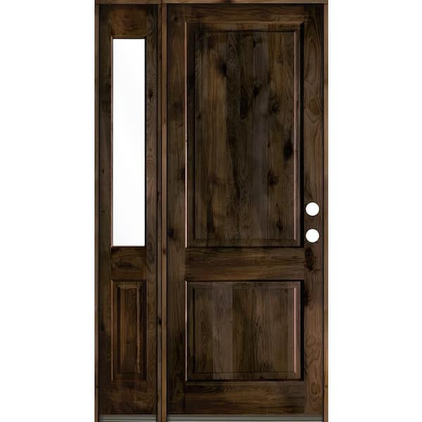 Krosswood Doors 46 in. x 96 in. Rustic knotty alder 2-Panel Sidelite Left-Hand/Inswing Clear Glass Black Stain Wood Prehung Front Door