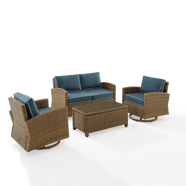 CROSLEY FURNITURE Bradenton 4-Piece Wicker Patio Conversation Set with Navy Cushions