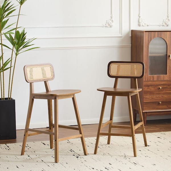Whitaker Modern 25.75 in. Walnut Finish Woven Rattan Low Back Solid Wood Barstools, (Set of 2)