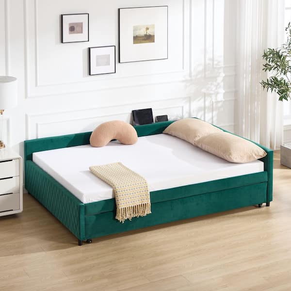 Sparrow Green Full Size Velvet Upholstered Daybed with Trundle, Diamond Grid Design, Emerald
