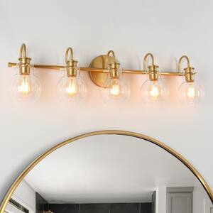 Light Gold Vanity Modern Linear 35.5 in. 5-Light Contemporary Bathroom Powder Room Light with Round Clear Glass Shades