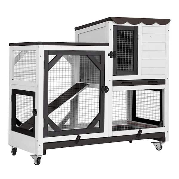 Premium 2-Story Wooden Rabbit Hutch with Casters, Outdoor Indoor Rabbit Hutch with Pull-Out Tray