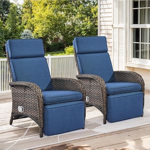 Carlos Brown Wicker 2-Piece Outdoor Chaise Lounge Chair, Patio Adjuestment Recliner with Blue Olefin Soft Cushion