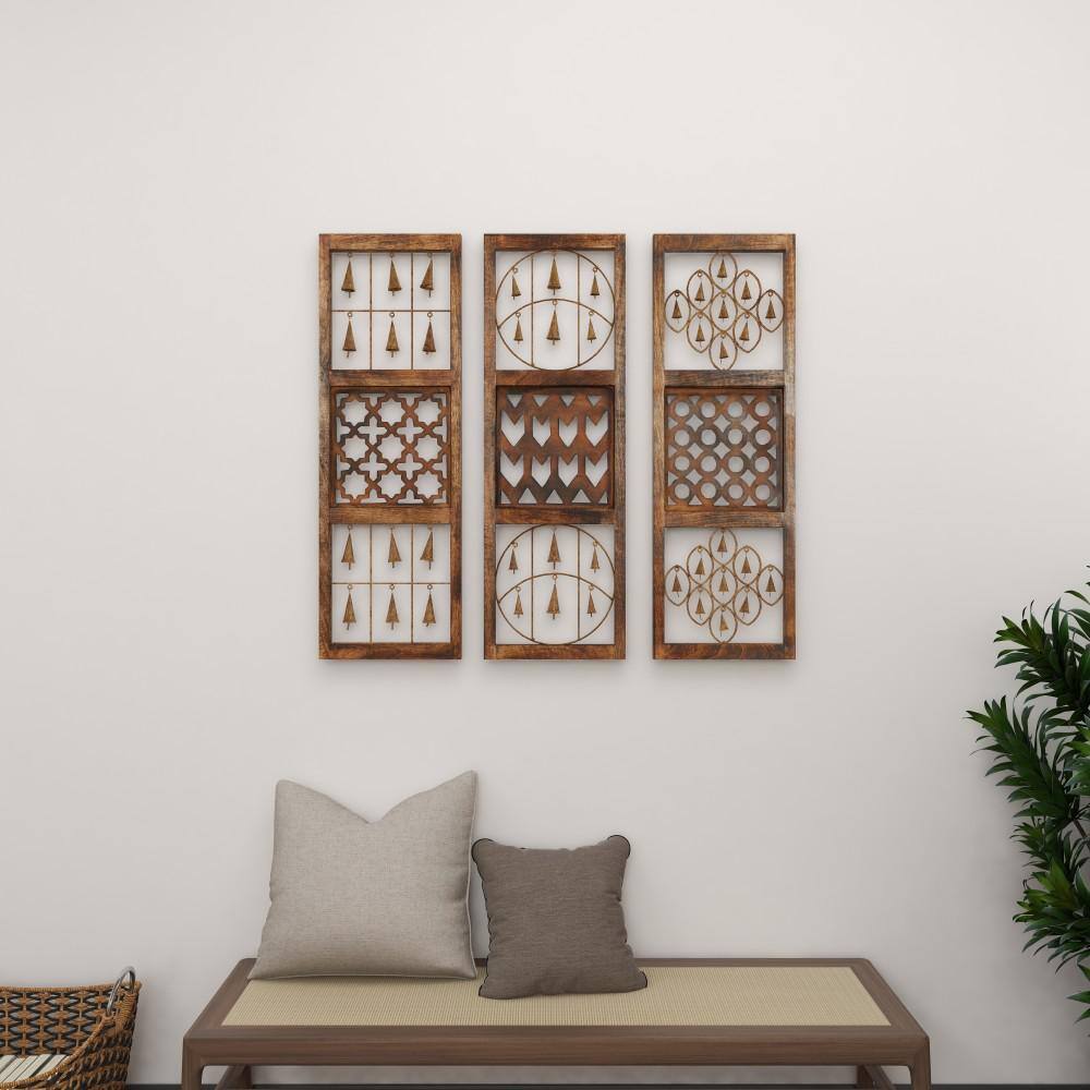 Brown Wood and Metal Bell Wall Decor Set of Three