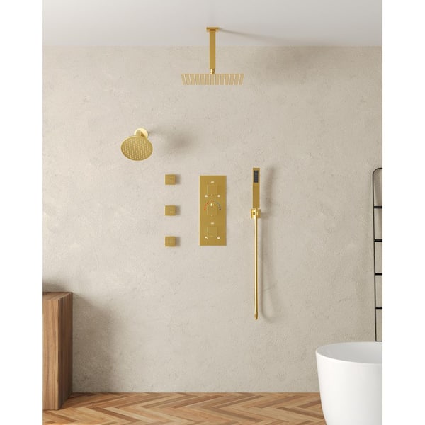 8-Spray Patterns 12 and 6 in. Dual Wall and Ceiling Mount Fixed Shower Head with Handheld 2.5 GPM in Brushed Gold