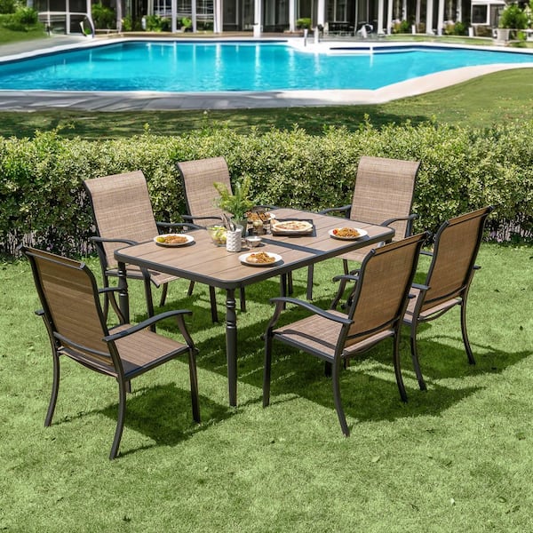 Black 7-Piece Textilene and Metal Rectangle Outdoor Dining Set with Umbrella Hole and Wood-Grain Tabletop