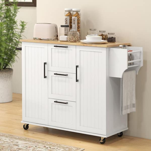 FAMYYT Rolling Drop Leaf White Rubber Wood Top 52 in. Kitchen Island with Adjustable Shelves and Drawers