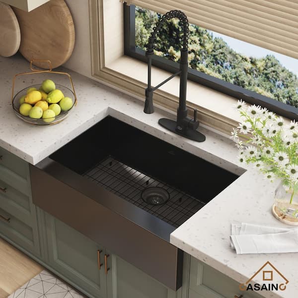 Farmhouse Apron-Front Black Stainless Steel 33 in. Single Bowl Kitchen Sink with Kitchen Faucet