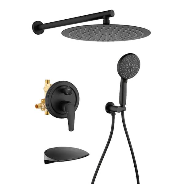 Single Handle 7-Spray Wall Mount Tub and Shower Faucet 1.8 GPM Brass 12 In. Shower System in Matte Black Valve Included