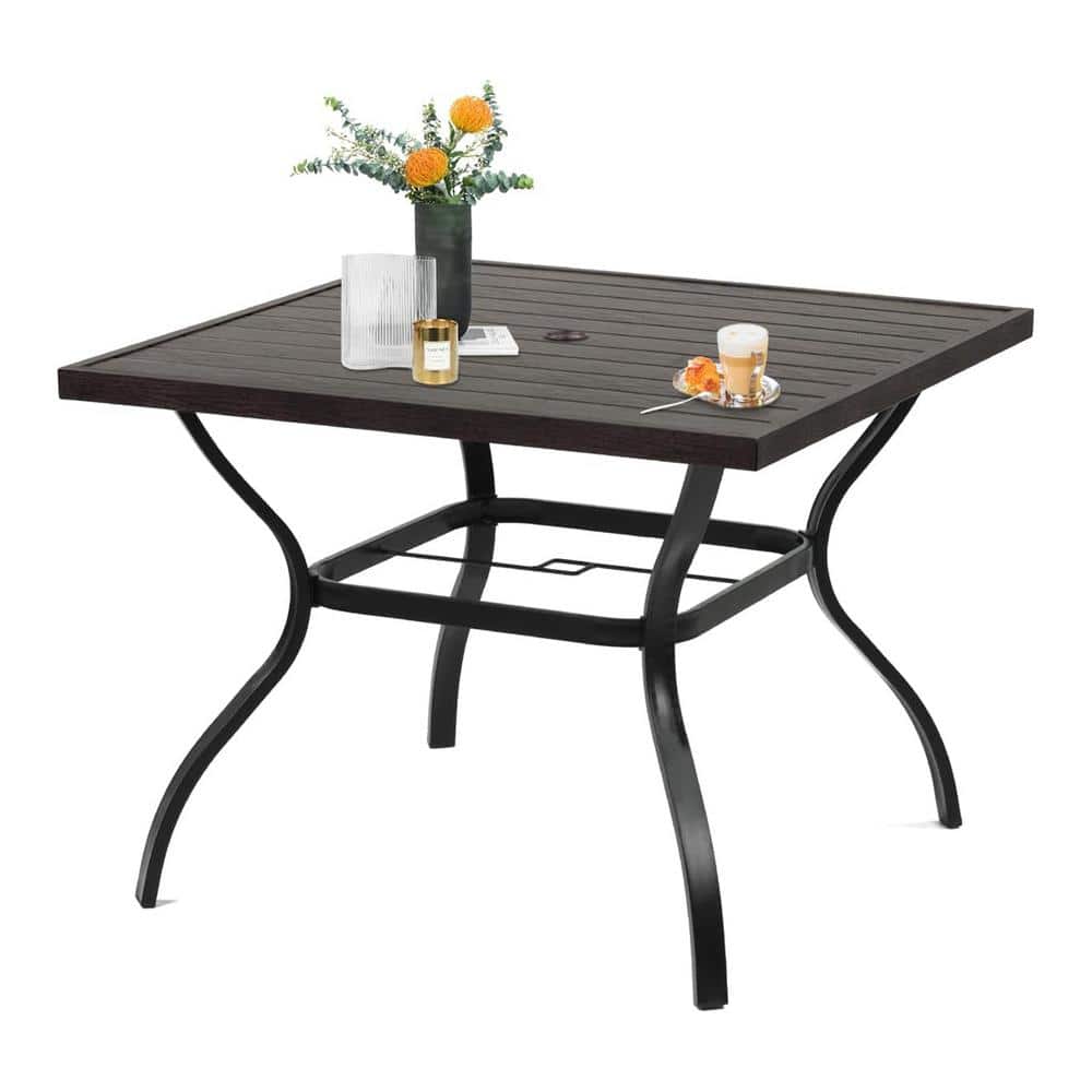 37 in. Square Wood-Like Metal Outdoor Dining Table with 1.57 inch Umbrella 