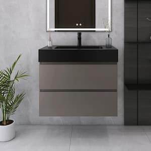 30 in. W x 18 in. D x 25 in. H Single Sink Wall Mounted Bath Vanity in Grey with Black Quartz Sand Top