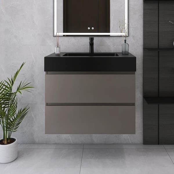 Unbranded 30 in. W x 18 in. D x 25 in. H Single Sink Wall Mounted Bath Vanity in Grey with Black Quartz Sand Top
