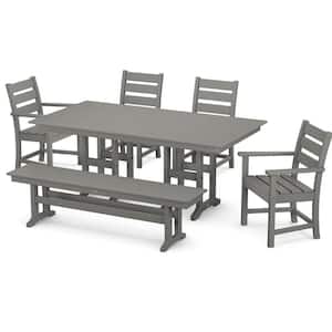 Grant Park Slate Grey 6-Piece HDPE Plastic Rectangle Farmhouse Outdoor Dining Set with Bench