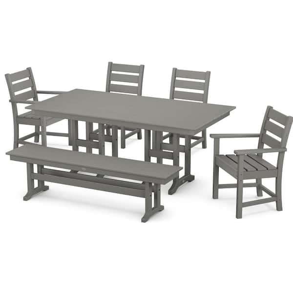 POLYWOOD Grant Park Slate Grey 6-Piece HDPE Plastic Rectangle Farmhouse Outdoor Dining Set with Bench