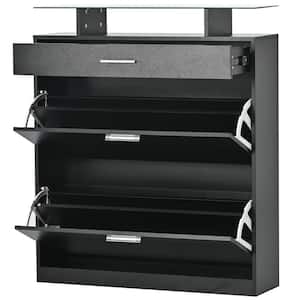 35 in. W x 9.4 in. D x 40.9 in. H Black Wood Linen Cabinet with 2 Flip Drawers, Tempered Glass Top and LED Light