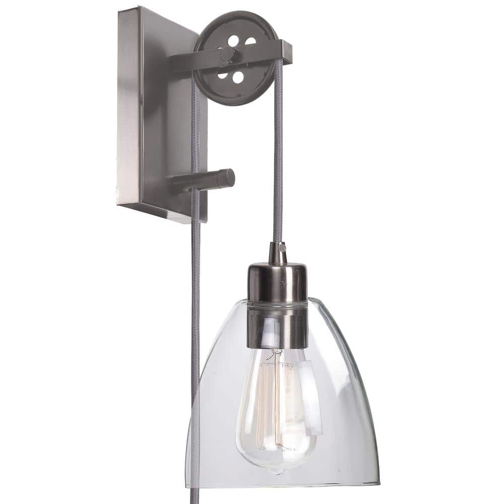 Home Decorators Collection Needham 1-Light Brushed Steel Indoor Wall Sconce, Industrial Wall Light with Bulb Included