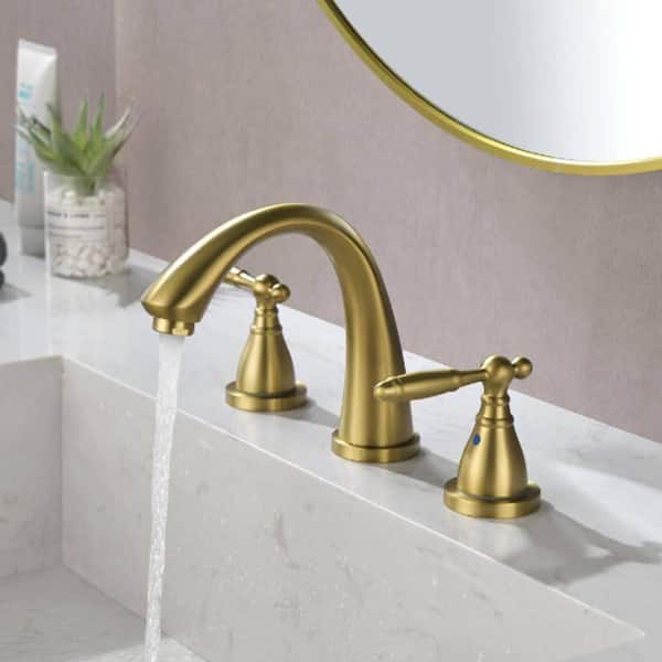 Dowell 8 in. Widespread 2-Handle Mid-Arc Bathroom Faucet with Valve and cUPC Water Supply Lines in Brushed Gold