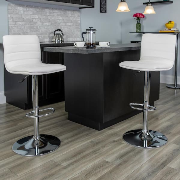 Flash Furniture Vincent Modern Adjustable Height 33 in. White Cushioned Bar Stool with Swivel and Footrest