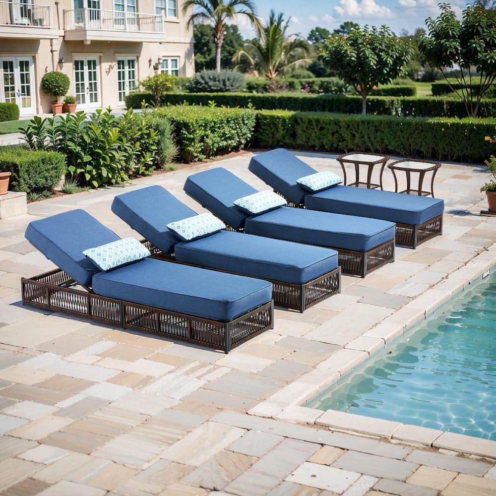 Facent Brown 6-Piece Wicker Outdoor Chaise Lounge Patio Adjustable Back Recliner with 5 in. Blue Cushions, Side Table price history on PriceWatchPro