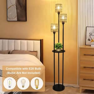 66.1 in. H Brown Standard Floor Lamp with Shelve Farmhouse Lamp with Foot Switch Rustic Standing Lamp with Rattan Shades