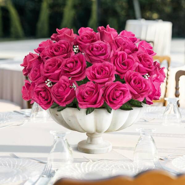 LIVING LUXURY 14 in. Hot Pink Artificial Open Rose Flower Stem