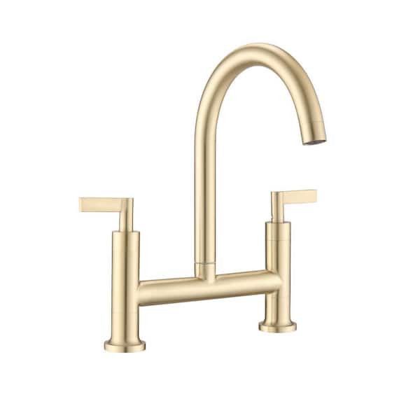 Flynama Two Hole Double Handle Bridge Kitchen Faucet in Brushed Gold