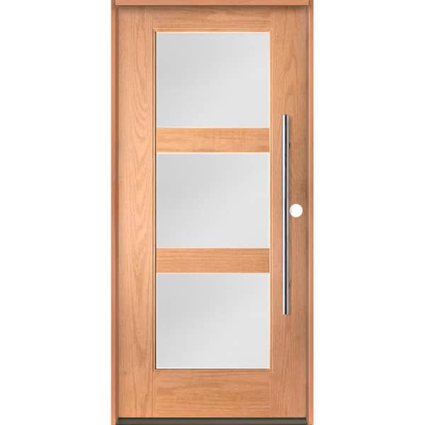 BRIGHTON Modern Faux Pivot 36 in. x 80 in. 3-Lite Left-Hand/Inswing Satin Glass Teak Stain Fiberglass Prehung Front Door
