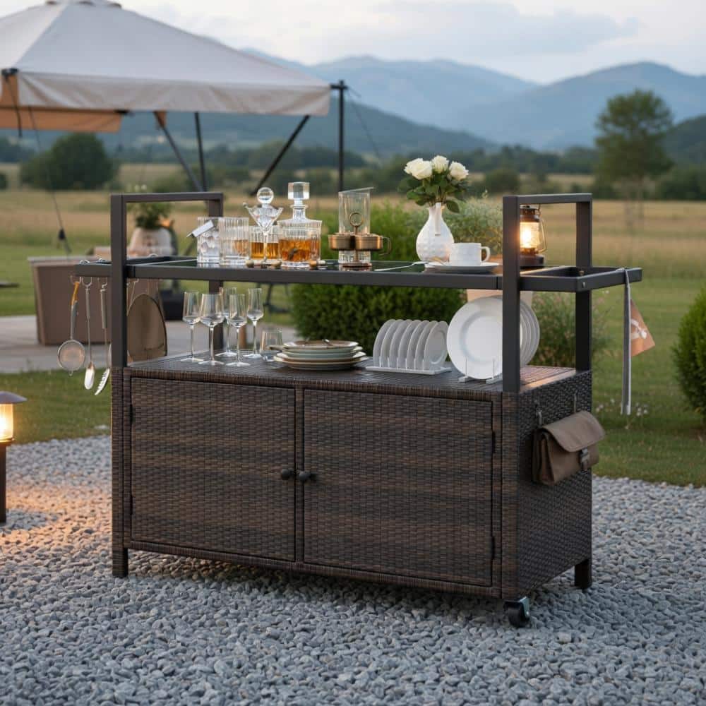 Outdoor Wicker Serving Trolley With Glass Top And Storage Cabinet price history on PriceWatchPro