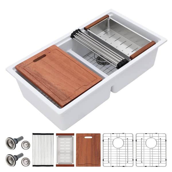 33 In. Matte White 50/50 Double Bowl Workstation Quartz Granite Composite Undermount Kitchen Sink, Under Counter Basin