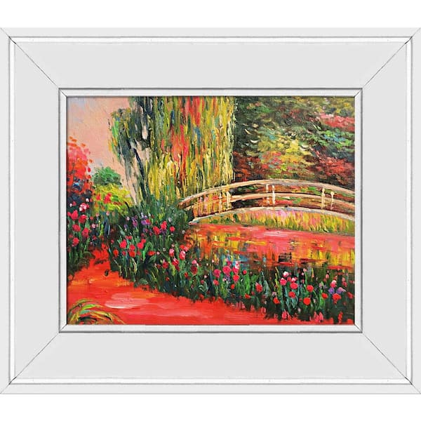LA PASTICHE Japanese Bridge (Water Irises) by Alex Bertaina Galerie White Framed Architecture Oil Painting Art Print 12 in. x 14 in.