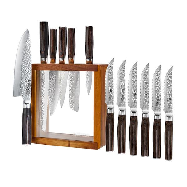 DAMASHIRO EMPEROR 7-Piece Stainless Steel Knife Set with MOKUZAI Knife Block and Bonus Steak Knives (6-Pieces)