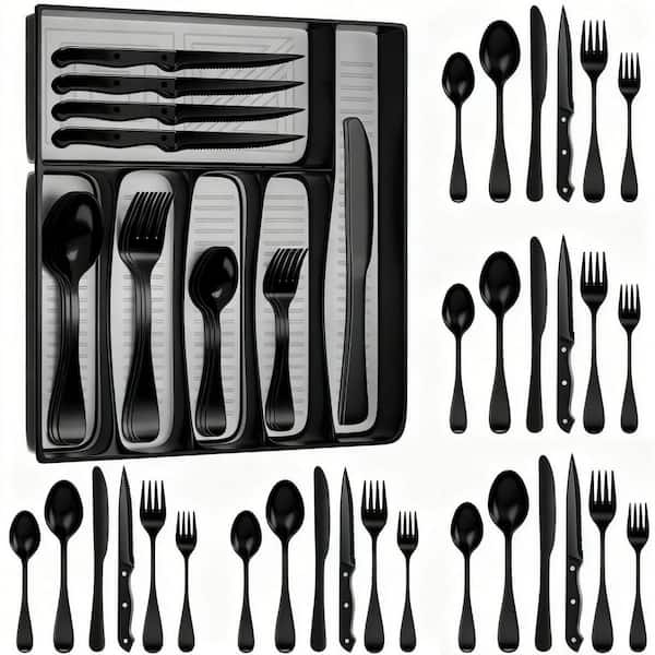 49-Piece Black Stainless Steel Flatware Serving (Set for 8) with Drawer Tray, Steak Knives, Fork Spoon, Dishwasher Safe