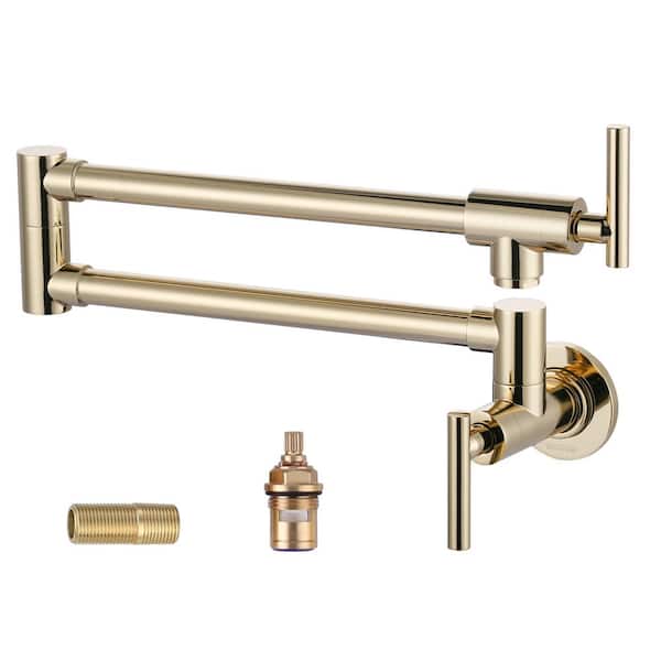 WOWOW Commercial Brass Wall Mounted Pot Filler Faucet with Double Joint Swing Arms in Polished Brass