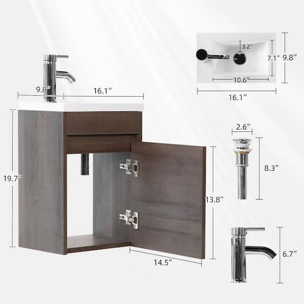 16.1 in. W x 9.85 in. D x 20 in. H Single Sink Wall Mounted Bath Vanity Set in Brown with White Resin Integral Sink