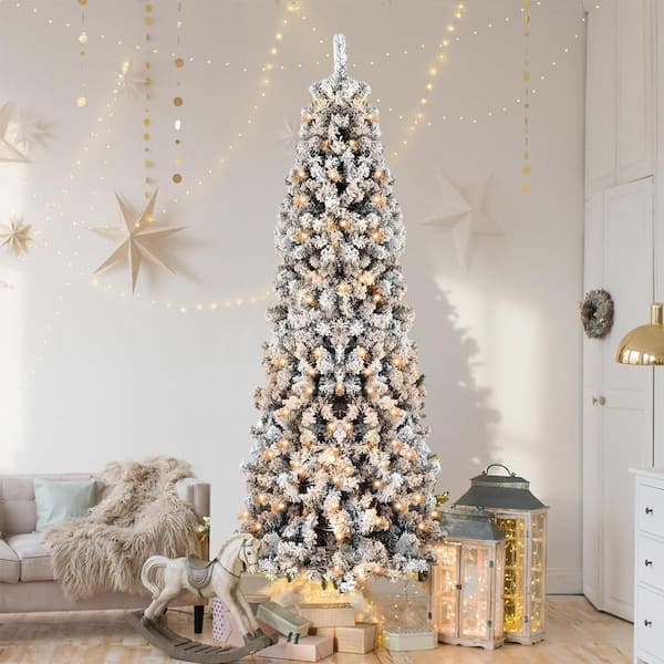 Maypex 6 ft. Pre-Lighted LED Flocked Slim Artificial Christmas